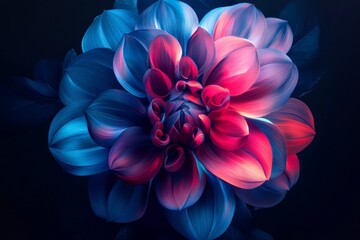 Aufkleber - Brightly colored flower bloom with abstract design in vibrant shades of pink and blue on dark background