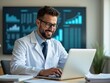 © Leonardo - Doctor revisa el historial médico de un paciente en una computadora, junto con el aumento de las estadísticas del negocio de la atención médica y el crecimiento de los seguros