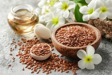 Poster - Flaxseed and oil surrounded by flowers on a textured surface in a natural setting