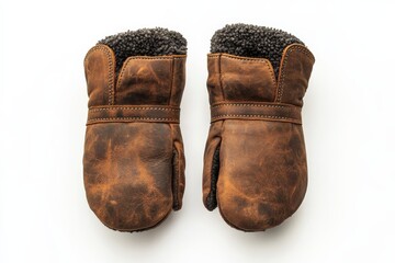 Poster - Brown leather mittens with soft lining displayed against a clean background for winter fashion and warmth