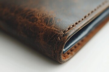 Poster - Close-up of a brown leather wallet showcasing its detailed texture and craftsmanship for a sophisticated accessory