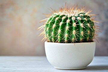 Poster - Cactus in a simple white pot against a textured background, showcasing natural beauty and resilience in indoor settings