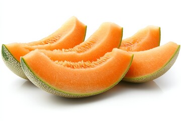 Poster - Freshly sliced cantaloupe pieces arranged neatly on a white background for a healthy snack idea