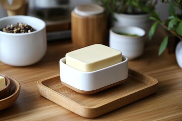 Poster - Yellow butter resting in a white dish on a wooden tray, surrounded by potted plants and kitchen items on a wooden countertop