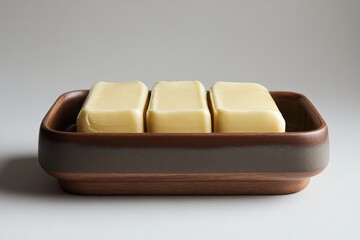 Poster - Freshly packaged butter on a wooden tray displayed in a simple, modern kitchen setting during daylight