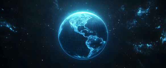 Wall Mural - Abstract digital planet Earth with glowing blue and orange light beams.