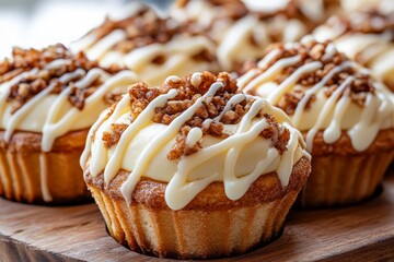 Aufkleber - Delicious cupcakes with cream frosting and nuts at a bakery display on a sunny afternoon