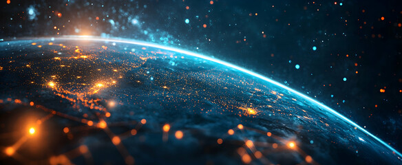 Wall Mural - Abstract digital background with glowing blue light and dark grid lines on the planet 