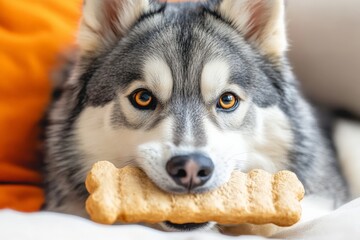 Wall Mural - adorable husky with golden eyes enjoying a dog treat on a cozy sofa in a sunny living room