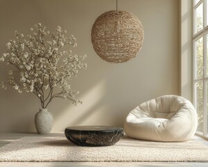 Poster - A serene and modern living space featuring a cozy bean bag, stylish decor, and soft natural light.