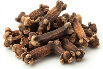 Poster - Cloves arranged neatly on a white background, showcasing their unique shape and texture in a clean, minimalistic style