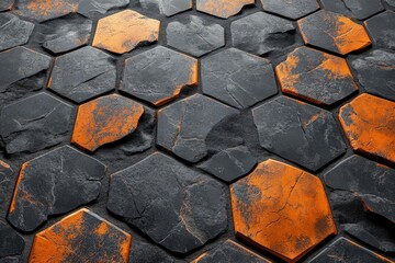 Poster - Abstract hexagonal tile pattern in black and orange suitable for modern interior design and architecture
