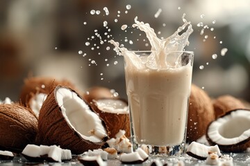Poster - Refreshing coconut drink splashes from glass surrounded by whole coconuts on a kitchen countertop