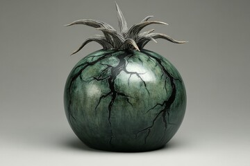 Poster - Unique artistic sculpture of a green tomato with a spiky gray top showcasing intricate details and textures