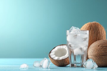 Poster - Refreshing coconut water served in a glass with ice next to whole coconuts on a blue background