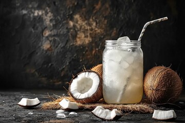 Poster - Refreshing coconut drink served in a mason jar with ice and decorative straw on a rustic table with fresh coconuts