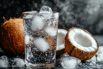 Poster - Refreshing coconut water drink with ice in glass beside cracked coconuts