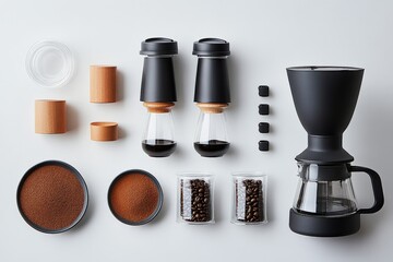 Poster - High-quality coffee brewing setup with essential tools and fresh ingredients on a clean surface