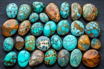Aufkleber - Various turquoise stones arranged beautifully showcasing their unique colors and patterns in natural light