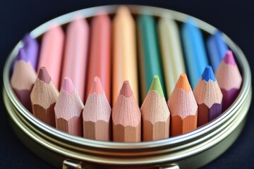 Poster - Colored pencils arranged in a circular tin displaying a vibrant spectrum of hues for artistic expression