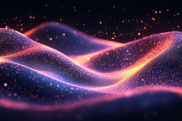 Leinwandbilder - Colorful abstract waves with glowing particles create a mesmerizing visual landscape at nighttime