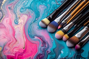 Poster - Colorful makeup brushes arranged on a vibrant abstract background showcasing artistic creativity