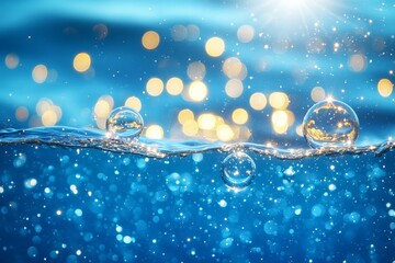 Poster - Water droplets create a beautiful pattern above a shimmering blue surface in a sunlit environment
