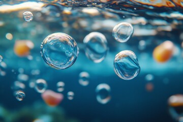 Poster - Bubbles rise in clear water above colorful underwater objects during a sunny day in a vibrant aquatic environment