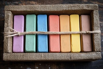 Poster - Colorful chalk set arranged neatly in a rustic wooden box for creative arts and crafts activities