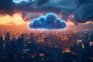 Poster - Digital cloud hovering over a bustling city at sunset with buildings illuminated by warm lights and dynamic sky colors