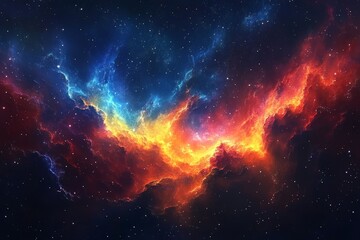 Poster - Vibrant cosmic clouds illuminating the night sky with hues of blue and orange in a distant galaxy