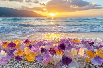 Poster - Colorful crystals shimmer on the beach as the sun sets behind the ocean waves near a coastal mountain landscape