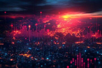 Poster - Stunning view of a vibrant cityscape at sunset showcasing light patterns across Europe