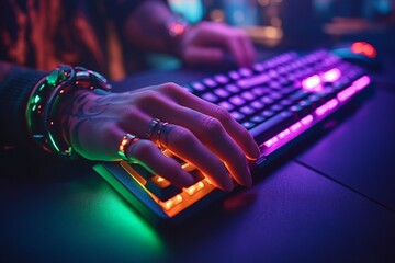 Aufkleber - Gaming keyboard illuminated by vibrant lights showcases hands of an enthusiastic player during an intense gaming session in a dim room
