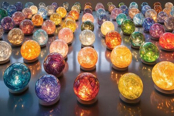 Poster - Beautifully illuminated colored glass spheres create a vibrant atmosphere in a modern art installation
