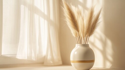 Poster - Soft sunlight streams through sheer curtains, illuminating a simple vase filled with dried grass. The calming atmosphere evokes warmth and tranquility, perfect for a cozy home setting