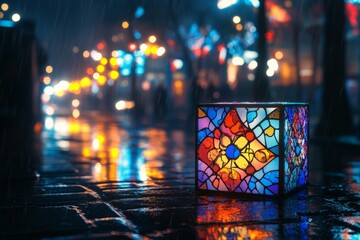 Poster - Colorful stained glass lantern illuminates wet street at night during rain