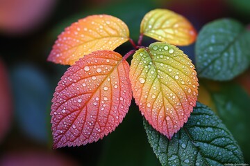 Aufkleber - Colorful leaves with droplets reflecting sunlight in a garden during autumn