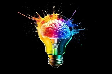 Poster - Colorful brain bulb represents creativity and innovation against a dark background