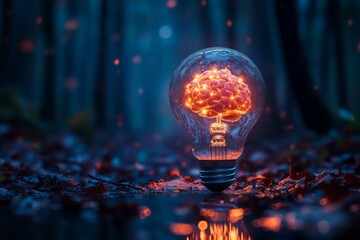 Poster - Illuminated brain inside a light bulb in a mystical forest setting at dusk