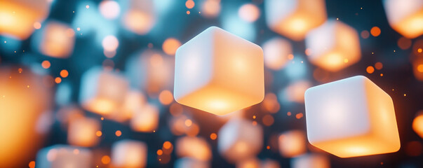 Poster - A close up of a bunch of cubes with lights on them. The cubes are white and orange, and they are scattered throughout the image. Scene is bright and energetic