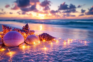 Poster - Beautiful seashells with twinkling lights on the beach at sunset, creating a serene and magical atmosphere