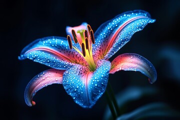 Poster - Lily blossom adorned with water droplets in vibrant blue and pink hues showcasing nature's beauty in a captivating close-up