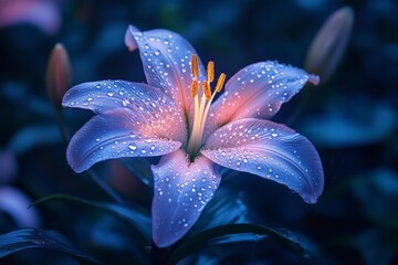 Poster - Beautiful blooming lily with dew drops captured in early morning light in a garden