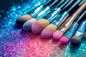 Poster - Vibrant makeup brushes arranged on a sparkling glitter background at a beauty workspace
