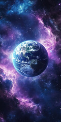 Wall Mural - Earth in vibrant cosmic nebula with stars and galaxy in outer space