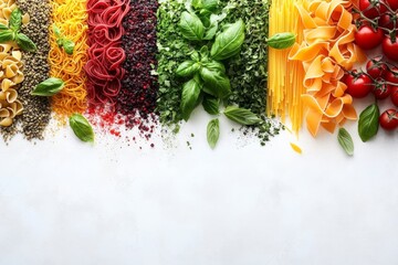 Aufkleber - Colorful display of fresh ingredients and pasta arranged in vibrant sections for culinary inspiration