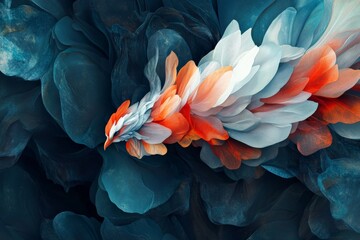 Poster - Colorful abstract bird design in intricate layers of blue and orange against a dark background