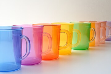 Poster - Colorful plastic mugs lined up on a table showcasing a vibrant display in natural light