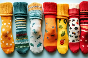 Poster - Colorful collection of cozy socks displayed on a pastel background featuring various patterns and designs
